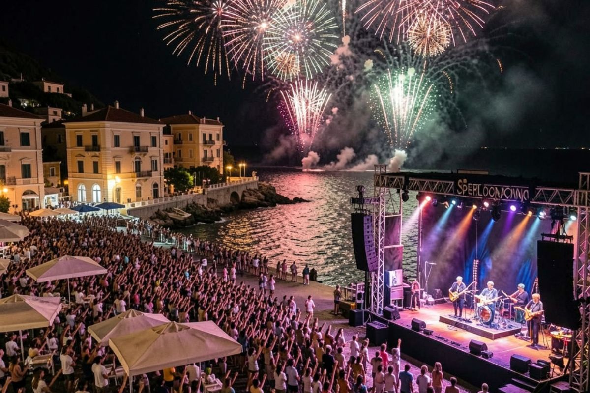 Notte di agosto a Sperlonga: folla sul lungomare illuminato, fuochi d'artificio che esplodono sul mare e palco con musicisti dal vivo